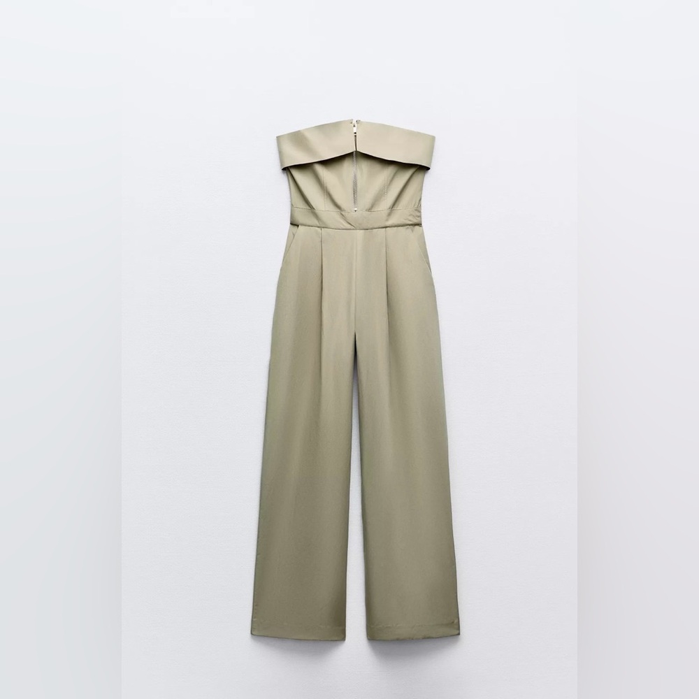 Zara Khaki Green Strapless Jumpsuit